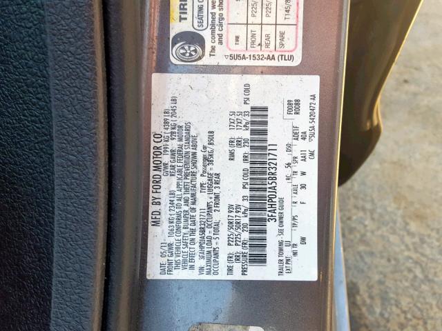 3FAHP0JA5BR321711 - 2011 FORD FUSION SEL CHARCOAL photo 10