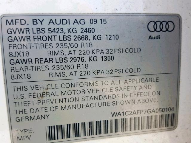 WA1C2AFP7GA050104 - 2016 AUDI Q5 PREMIUM WHITE photo 10