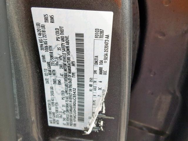 1FMCU0HX8DUC85432 - 2013 FORD ESCAPE SEL GRAY photo 10