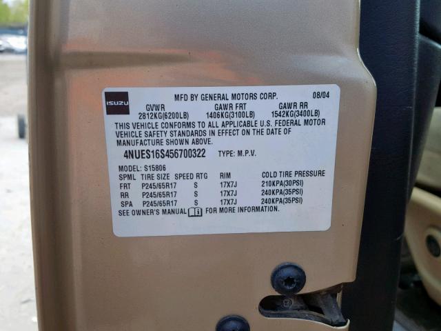 4NUES16S456700322 - 2005 ISUZU ASCENDER S 金色 照片 10