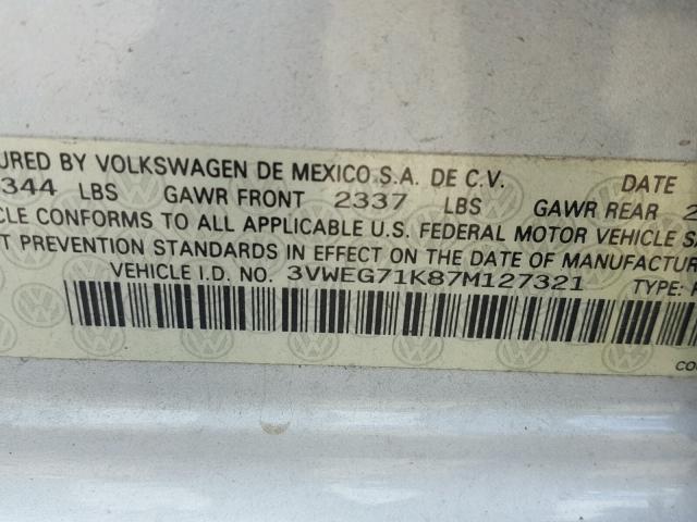 3VWEG71K87M127321 - 2007 VOLKSWAGEN JETTA WOLF SILVER photo 10