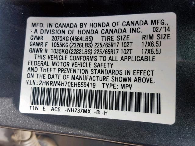 2HKRM4H70EH659419 - 2014 HONDA CR-V EXL GRAY photo 10