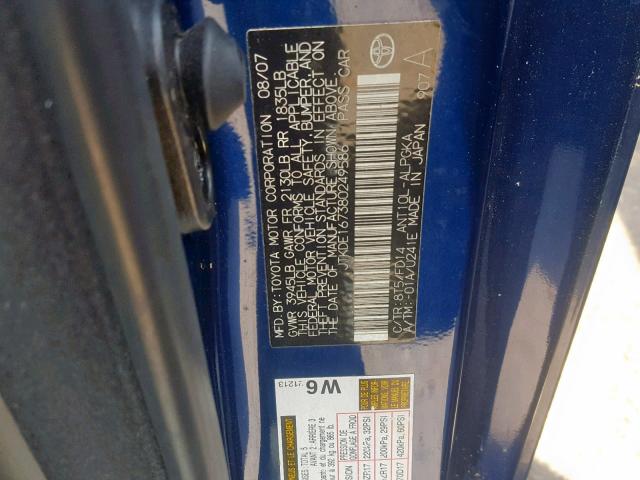 JTKDE167380249586 - 2008 TOYOTA SCION TC BLUE photo 10