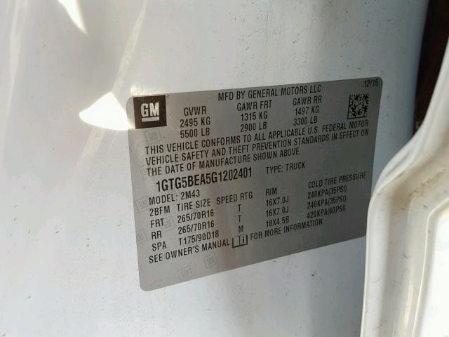 1GTG5BEA5G1202401 - 2016 GMC CANYON WHITE photo 10