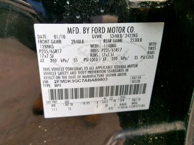 2FMDK3GC7ABA89803 - 2010 FORD EDGE SE BLACK photo 10