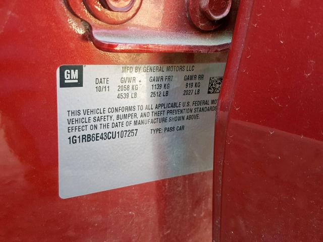 1G1RB6E43CU107257 - 2012 CHEVROLET VOLT RED photo 10