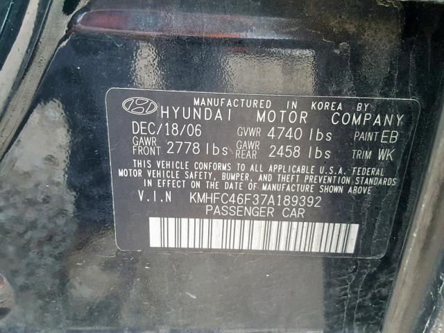 KMHFC46F37A189392 - 2007 HYUNDAI AZERA SE BLACK photo 10