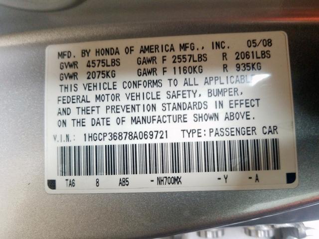 1HGCP36878A069721 - 2008 HONDA ACCORD EXL  photo 10