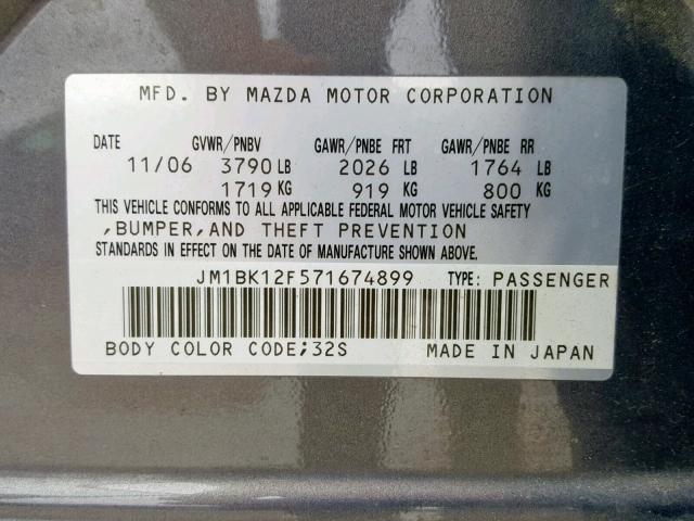 JM1BK12F571674899 - 2007 MAZDA 3 I GRAY photo 10