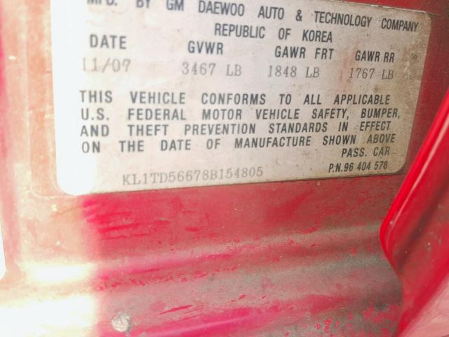 KL1TD56678B154805 - 2008 CHEVROLET AVEO BASE Qırmızı foto 10