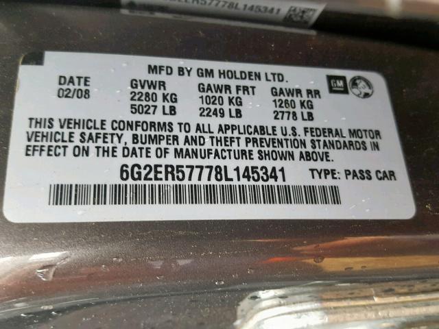 6G2ER57778L145341 - 2008 PONTIAC G8 GRAY photo 10