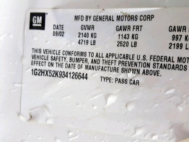 1G2HX52K934126644 - 2003 PONTIAC BONNEVILLE WHITE photo 10