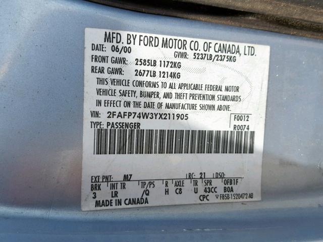 2FAFP74W3YX211905 - 2000 FORD CROWN VICT BLUE photo 10