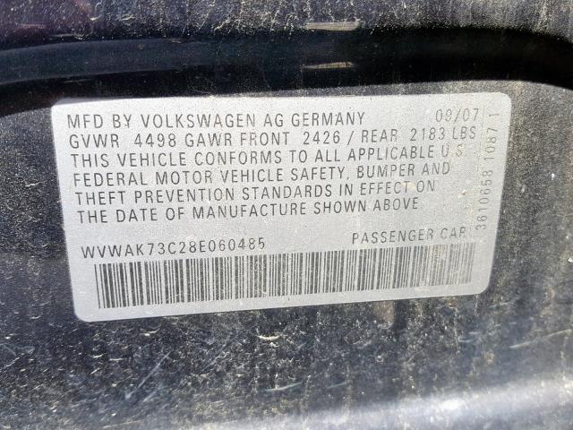 WVWAK73C28E060485 - 2008 VOLKSWAGEN PASSAT KOM BLUE photo 10