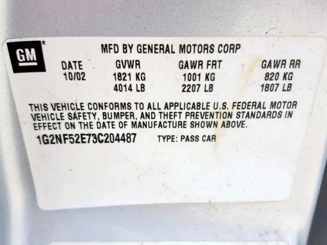 1G2NF52E73C204487 - 2003 PONTIAC GRAND AM S SILVER photo 10