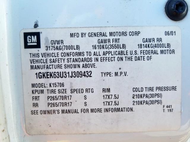 1GKEK63U31J309432 - 2001 GMC DENALI  photo 10