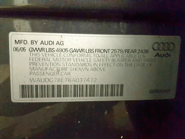 WAUDG78E76A037472 - 2006 AUDI A4 3.2 QUA GRAY photo 10