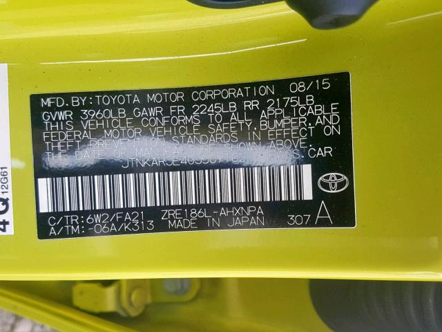 JTNKARJE4GJ507102 - 2016 TOYOTA SCION IM YELLOW photo 10