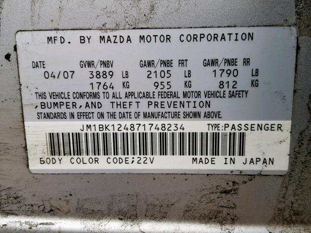 JM1BK124871748234 - 2007 MAZDA 3 S SILVER photo 10