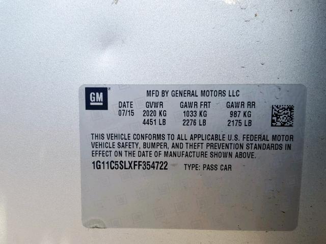 1G11C5SLXFF354722 - 2015 CHEVROLET MALIBU 1LT ვერცხლისფერი ფოტო 10