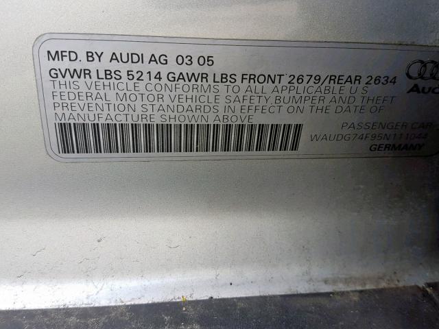 WAUDG74F95N111044 - 2005 AUDI A6 3.2 QUA SILVER photo 10