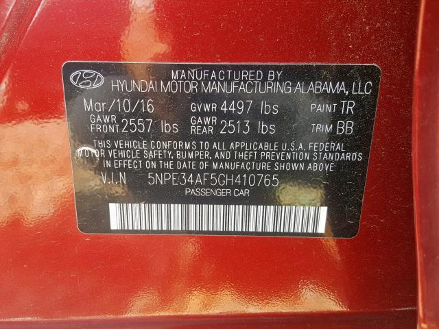 5NPE34AF5GH410765 - 2016 HYUNDAI SONATA SPO RED photo 10