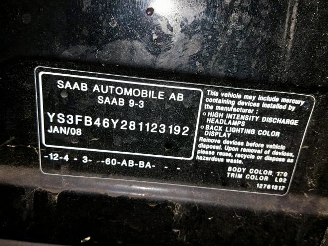 YS3FB46Y281123192 - 2008 SAAB 9-3 2.0T BLACK photo 10