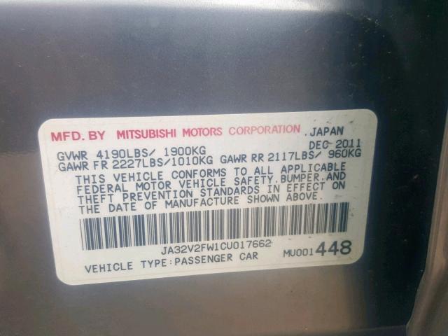 JA32V2FW1CU017662 - 2012 MITSUBISHI LANCER SE GRAY photo 10