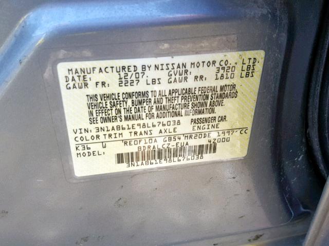 3N1AB61E98L676038 - 2008 NISSAN SENTRA 2.0 GRAY photo 10