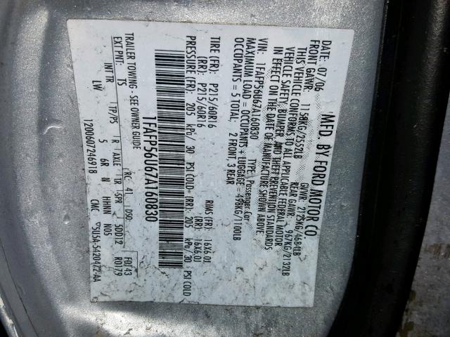 1FAFP56U67A160830 - 2007 FORD TAURUS SEL SILVER photo 10