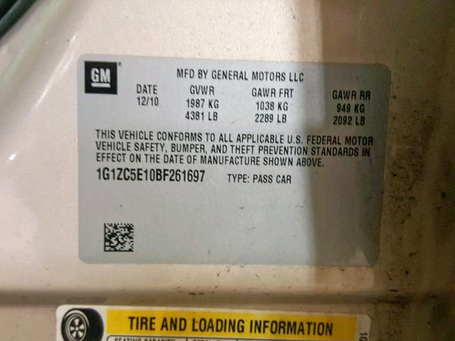 1G1ZC5E10BF261697 - 2011 CHEVROLET MALIBU 1LT 棕色 照片 10