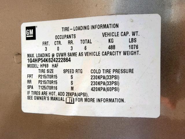 1G4HP54K624222864 - 2002 BUICK LESABRE CU BEIGE photo 10