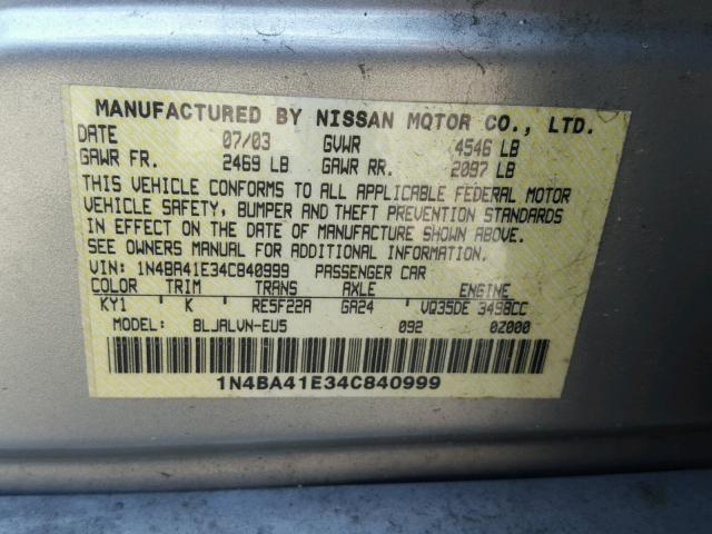 1N4BA41E34C840999 - 2004 NISSAN MAXIMA SE SILVER photo 10