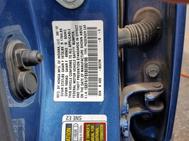 19XFA1F8XBE000186 - 2011 HONDA CIVIC EX BLUE photo 10