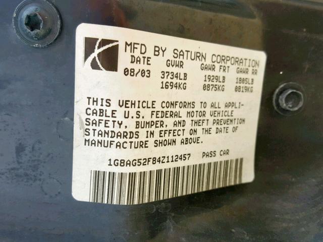 1G8AG52F84Z112457 - 2004 SATURN ION LEVEL SILVER photo 10