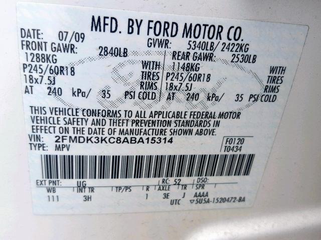 2FMDK3KC8ABA15314 - 2010 FORD EDGE LIMIT WHITE photo 10