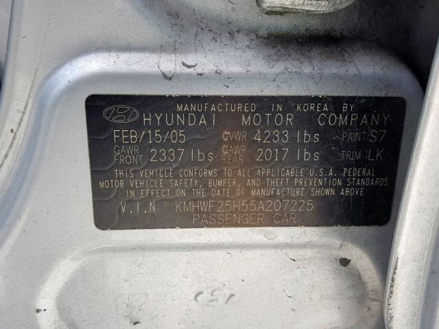 KMHWF25H55A207225 - 2005 HYUNDAI SONATA GL SILVER photo 10