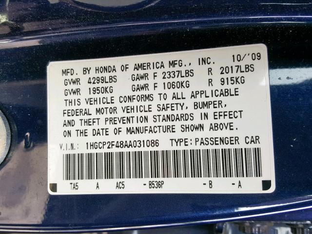 1HGCP2F48AA031086 - 2010 HONDA ACCORD LXP BLUE photo 10