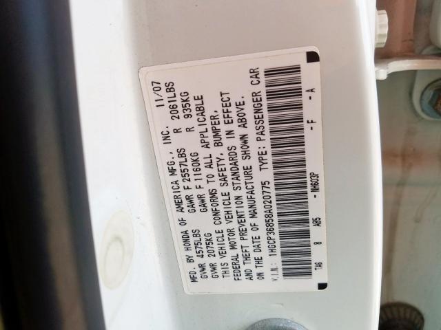 1HGCP36858A020775 - 2008 HONDA ACCORD EXL  photo 10