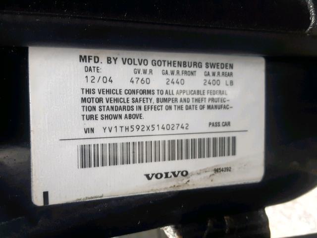 YV1TH592X51402742 - 2005 VOLVO S80 2.5T BLACK photo 10