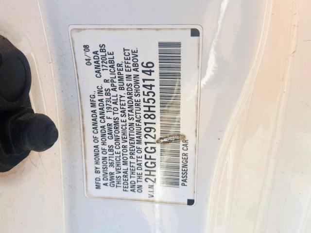 2HGFG12918H554146 - 2008 HONDA CIVIC EXL 白色 照片 10