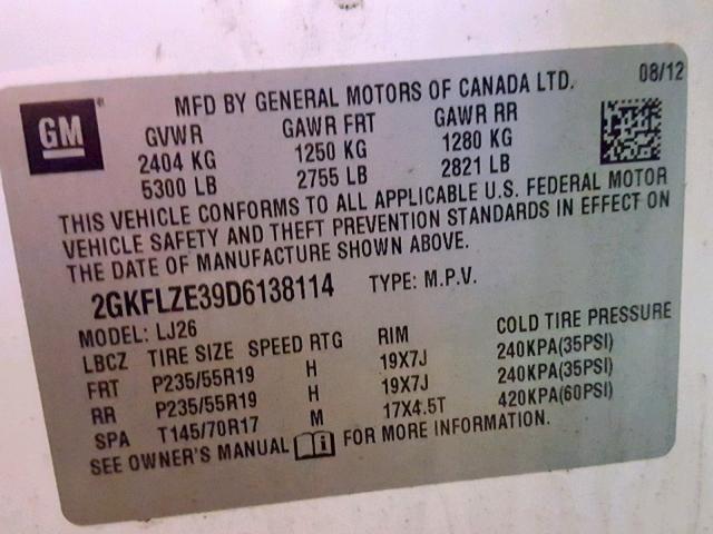 2GKFLZE39D6138114 - 2013 GMC TERRAIN DE WHITE photo 10