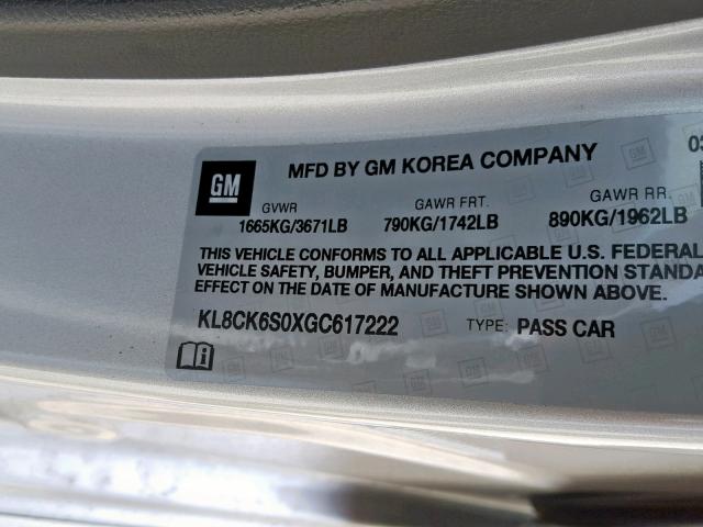 KL8CK6S0XGC617222 - 2016 CHEVROLET SPARK EV 1 银色 照片 10