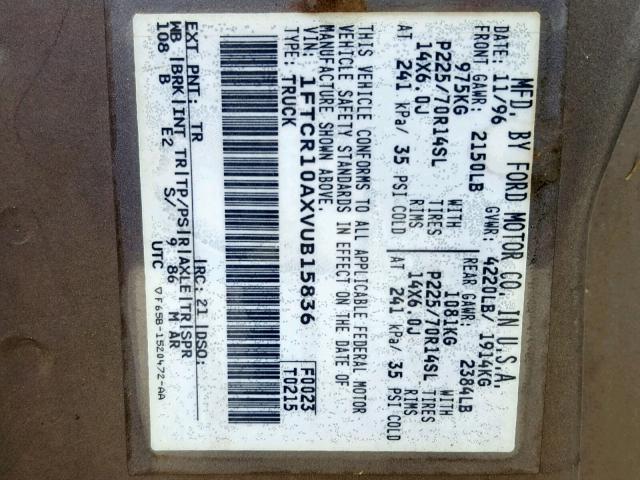 1FTCR10AXVUB15836 - 1997 FORD RANGER GRAY photo 10