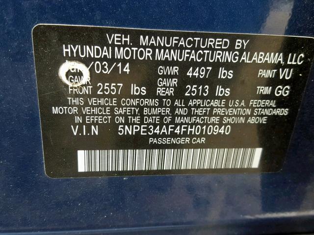 5NPE34AF4FH010940 - 2015 HYUNDAI SONATA SPO BLUE photo 10