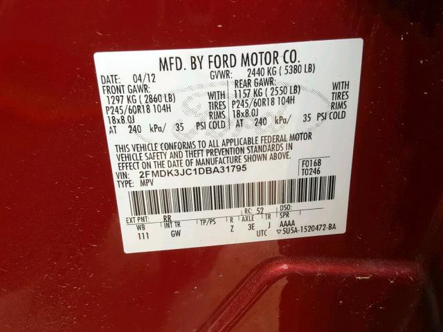 2FMDK3JC1DBA31795 - 2013 FORD EDGE SEL MAROON photo 10