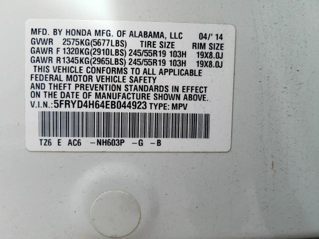 5FRYD4H64EB044923 - 2014 ACURA MDX TECHNOLOGY  photo 10