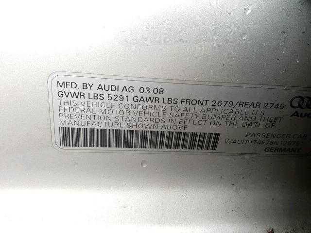 WAUDH74F78N128751 - 2008 AUDI A6 3.2 QUA SILVER photo 10