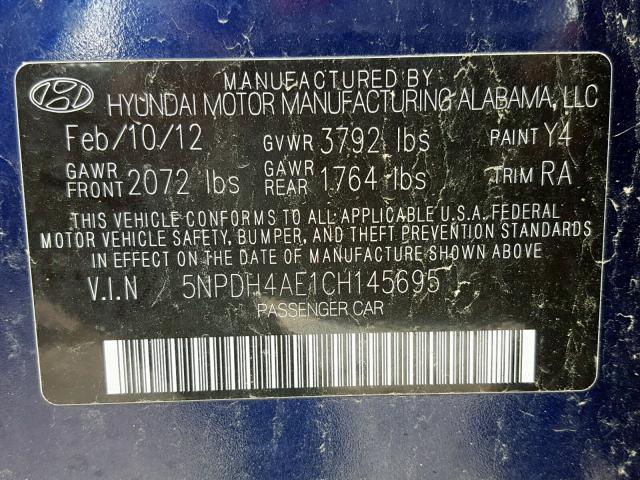 5NPDH4AE1CH145695 - 2012 HYUNDAI ELANTRA GL BLUE photo 10