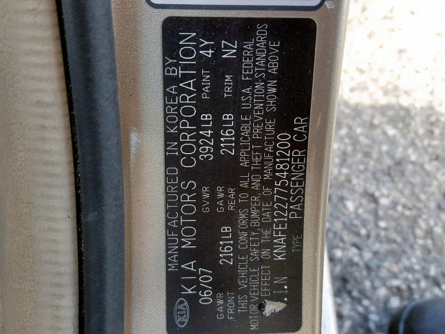 KNAFE122775481200 - 2007 KIA SPECTRA EX TAN photo 10